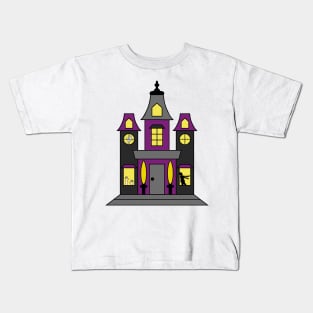 Purple and Black Halloween Haunted House with Ghost, Zombie, & Hands Kids T-Shirt